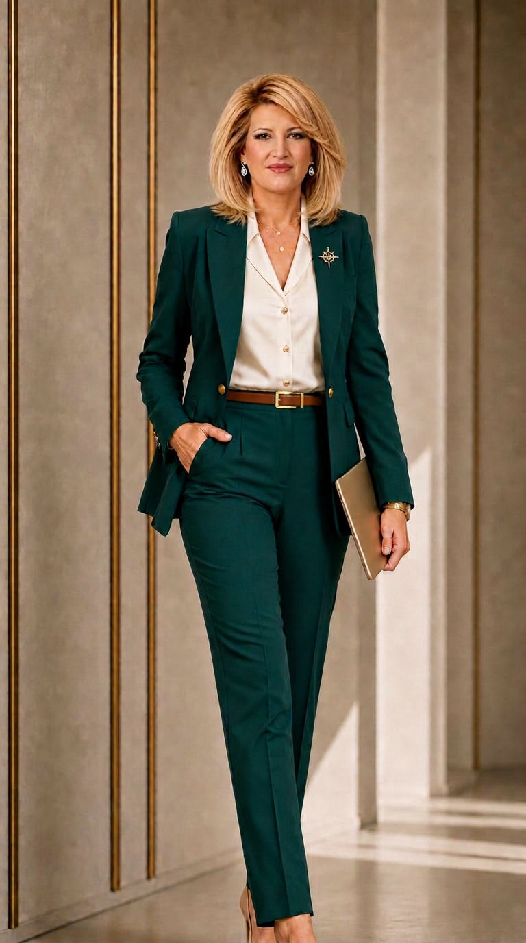 Eugenia Savina într-un costum verde, într-un cadru profesional